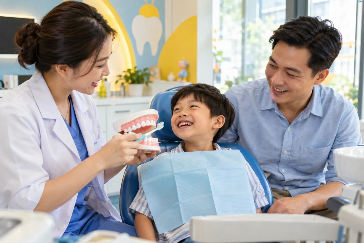 Bác sĩ hướng dẫn bố và bé chăm sóc răng