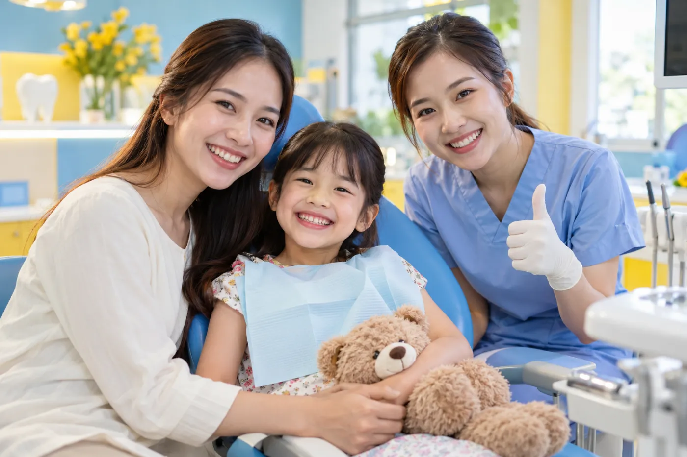 Mẹ và bé cười tươi khi khám răng tại nha khoa gia đình